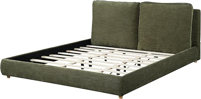 Merax King Size Boucle Fabric Upholstered Platform Bed with Two Removable Pillow Headboard, Wood Bed Frame with Solid Round Legs for Kids Teens Adults, Olive Green
