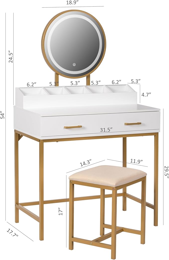 UTEX Makeup Vanity Desk with Mirror and Lights, Makeup Vanity Set with Drawers, Small Dressing Up Table, 3 Lighting Modes Dresser Desk and Cushioned Stool Set for Bedroom White and Gold