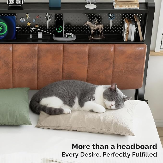 VINGLI Twin Size Headboard with Storage, Upholstered Head Board for Twin XL Bed, Charging Stations and LED Light, 2 Tier Shelves and Pegboard,Height Adjustable, Industrial Brown