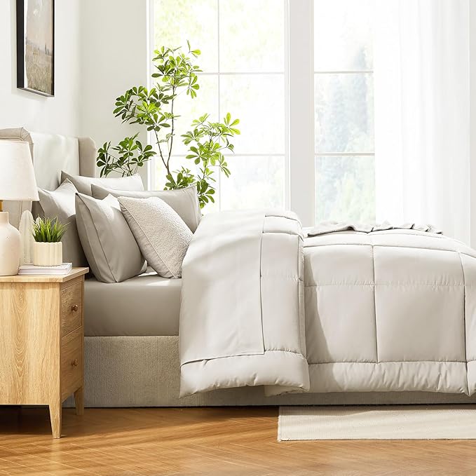 CozyLux King Size Comforter Set Beige, 7 Pieces Bed in a Bag, Beige Comforter King Size, All Season Bedding Sets with Stitch Quilted Comforter, Flat Sheet, Fitted Sheet, Pillowcases