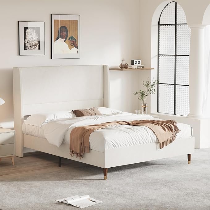 MALOL Queen Size Bed Frame with Upholstered Headboard, Linen Fabric Platform Bed Frame with USB Charging Ports, No Box Spring Needed, Sturdy Metal Support, Noise Free, Modern Bedroom Furniture,Beige