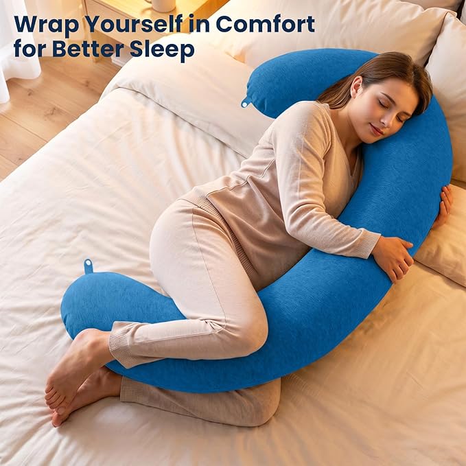 TranquilRelax C Shaped Body Pillow for Side Sleepers, Memory Foam Long Pillow for Leg, Hip & Back Support, Soft Washable Cover,Light Blue-47"*10"