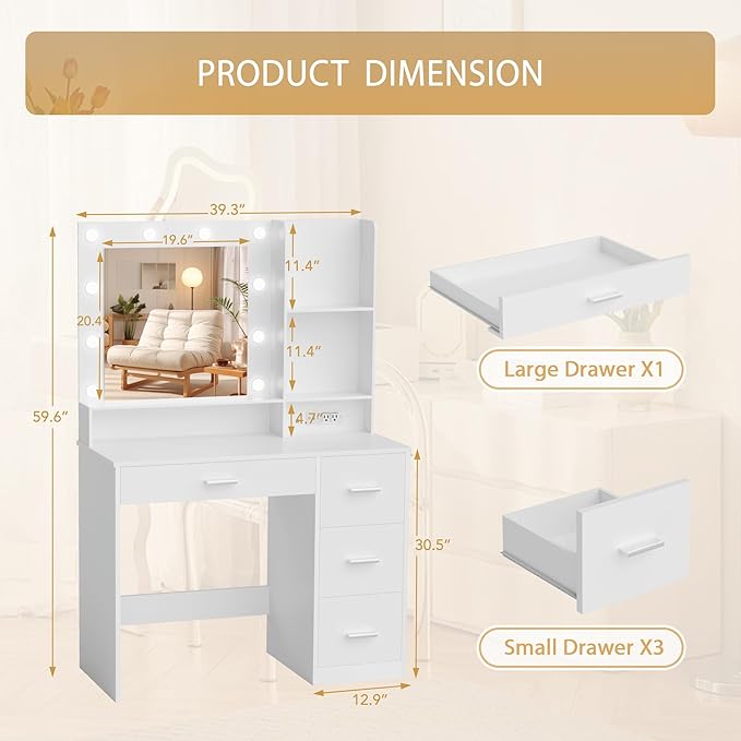 Furmax Vanity Desk with LED Lighted Mirror&Power Outlet, 39.3’’ Makeup Vanity Table with 4 Drawers and 3 Storage Shelves, Adjustable 3 Lighting Colorfor Bedroom&Dressing Room (White)