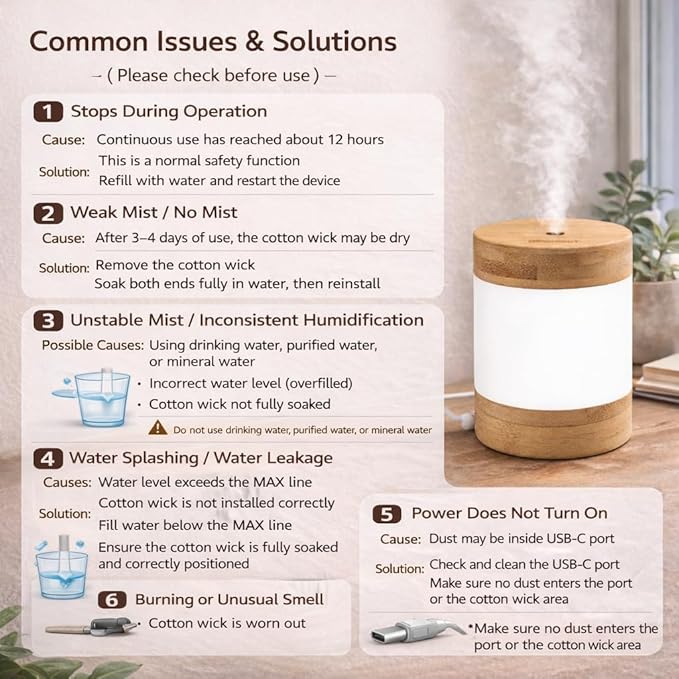Bamboo Cool Mist Humidifier with Phone Stand, 400ml Ultrasonic Mini Humidifier, Quiet Desktop with Dual LED Night Light, USB-C Portable, Auto Shut-Off for Bedroom, Office, Travel