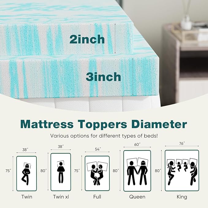 Sweetcrispy Mattress Topper Twin XL - 2 Inch Memory Foam Cooling Gel Infused Bed Topper for Back Pain, CertiPUR-US Certified
