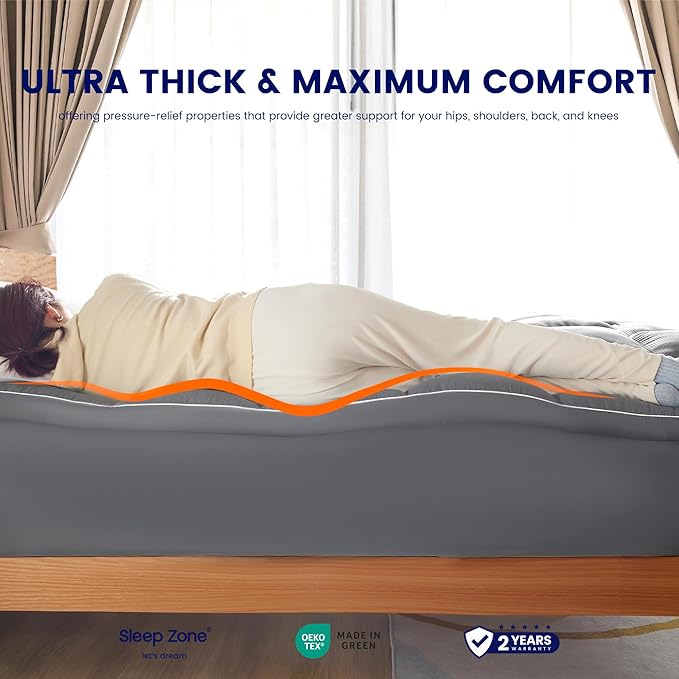 SLEEP ZONE Mattress Topper King Size, Extra Thick Fitted Mattress Pad for Back Pain, Plush and Support Mattress Cover, Deep Pockets Mattress Protector, Hotel Quality (Grey, King)