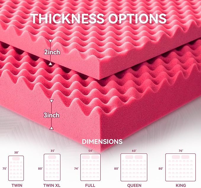 SINWEEK 3 Inch Egg Crate Memory Foam Mattress Topper Twin XL, Twin Extra Long Mattress Pads for College Dorm Room, Pressure Relieve CertiPUR-US Certified, 39x80 Inches, Pink