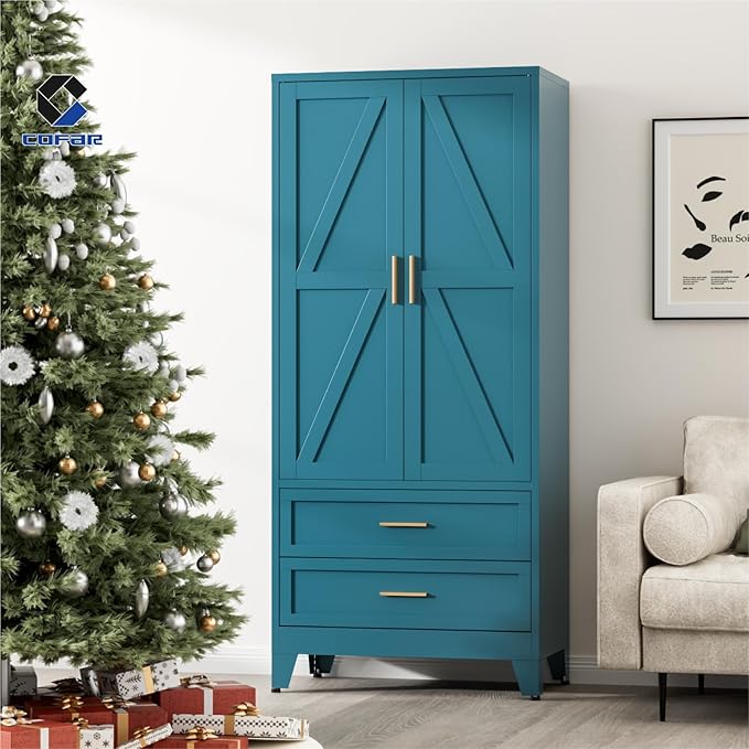 COFaR Armoire Wardrobe Closet with Drawers & Hanging Rod, 71'' Metal Wardrobe Closet with Doors & Adjustable Shelf, Farmhouse Wardrobe Cabinet for Bedroom Home Office, Peacock Blue