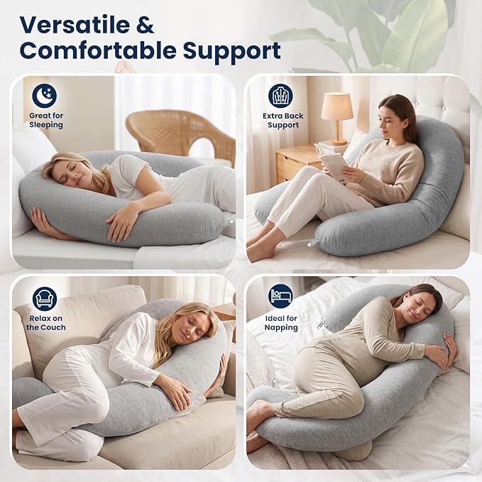 TranquilRelax C Shaped Body Pillow for Side Sleepers, Memory Foam Long Pillow for Leg, Hip & Back Support, Soft Washable Cover,Grey-47"*10"