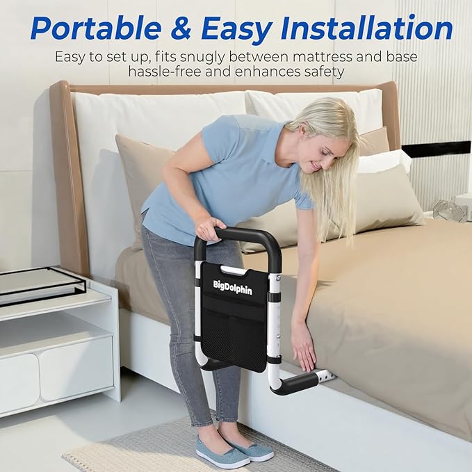 Bed Rails for Elderly Adults Safety - ASTM Approved Adjustable Bed Cane with Non-Slip Ergonomic Handle & Storage Pocket, Bed Railings for Seniors Support 350 LBS, Tool-Free