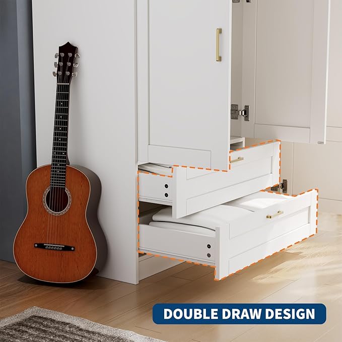 66" 3 Doors Wooden Wardrobe Closet Armoire with 2 Drawers & 3 Shelves, Wooden Wardrobe Closet with Hanging Rod, Bedroom Large Capacity Freestanding Armoire for Bedroom,Cloak Room,Entrance Hall, White