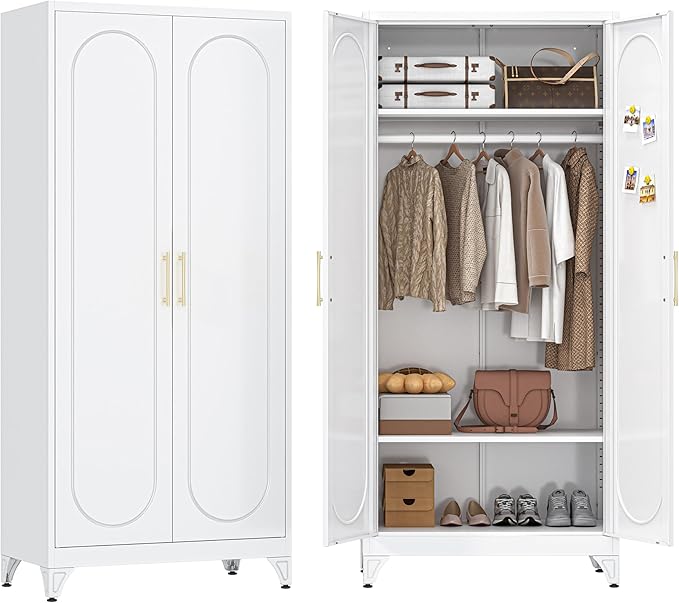 Metal Wardrobe Cabinets,White Armoire Wardrobe Closet with Hanging Rod,Clothes Storage Cabinet with Adjustable Shelves and Doors,Clothing Cabinet for Bedroom, Office, Laundry Room
