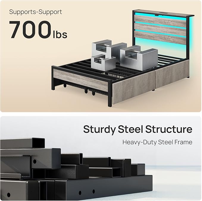 Rolanstar Twin Bed Frame with 4 Drawers, LED Lights and Charging Station, Metal Platform Bed with Storage Headboard, Noise Free, Easy Assembly, No Box Spring Needed, Light Grey