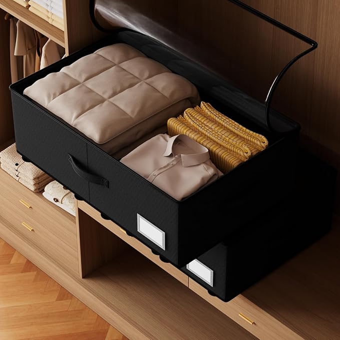 Under Bed Storage with Wheels,Under Bed Shoe Storage Organizers,Underbed Storage Bins,Rolling Under the Bed Storage Containers for Shoes Clothes in Dorm Bedroom,2 Pack(Black)