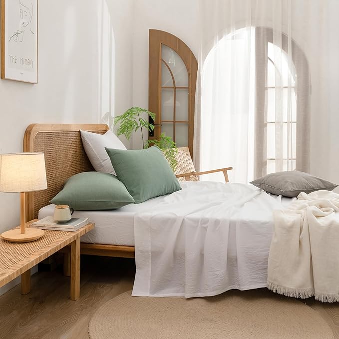 BESTOUCH 100% Washed Cotton Pillowcase for Hair and Skin Linen Feel Soft Comfortable Breathable 2 Set Pillow Case with Envelope Closure Solid Bright White Euro 26x26 Inches