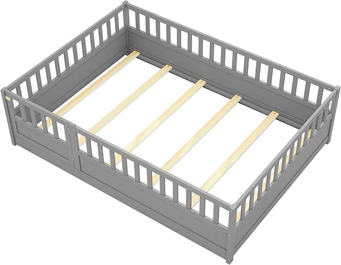 Bellemave Full Size Floor Bed with Slats and Door, Full Size Montessori Floor Bed with Rails, Easy Assemble Montessori Beds Frame for Bedroom, Gray