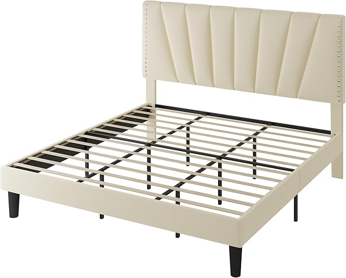 SHA CERLIN King Size Bed Frame with Adjustable Upholstered Velvet Rivets Headboard, Sturdy Wooden Slats, Strong Platform Support for Mattress, No Box Spring Needed, Easy Assembly, Cream