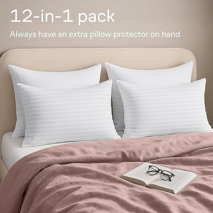 Ultra Soft Pillow Protectors with Zipper King Size - Set of 12 Breathable Pillow Covers - 100% Protection Against Stains, Dust & Dirt - Machine Washable (Dark White)