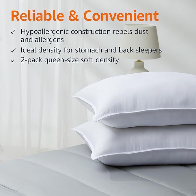 Amazon Basics Down Alternative Pillows for Stomach and Back Sleepers, Soft Density, Queen Size 30" x 20", White, 2-Pack