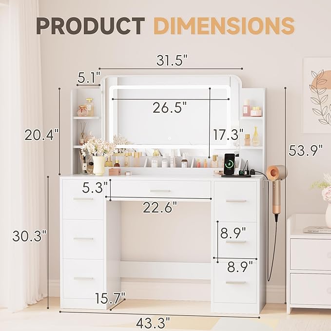 YESHOMY 43.3''Vanity Desk with LED Mirror & Power Outlet, 7 Drawer Makeup Vanity with Side Shelves, Lighted Dressing Table for Bedroom(White