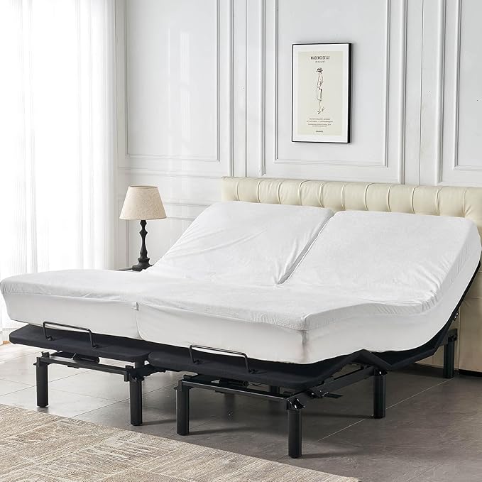 Kingnex 28-30" from Head Waterproof Partial Split Top King Mattress Protector for Adjustable Bed with Upper Flex Soft Noiseless Bamboo Viscose Terry Fitted Mattress Cover