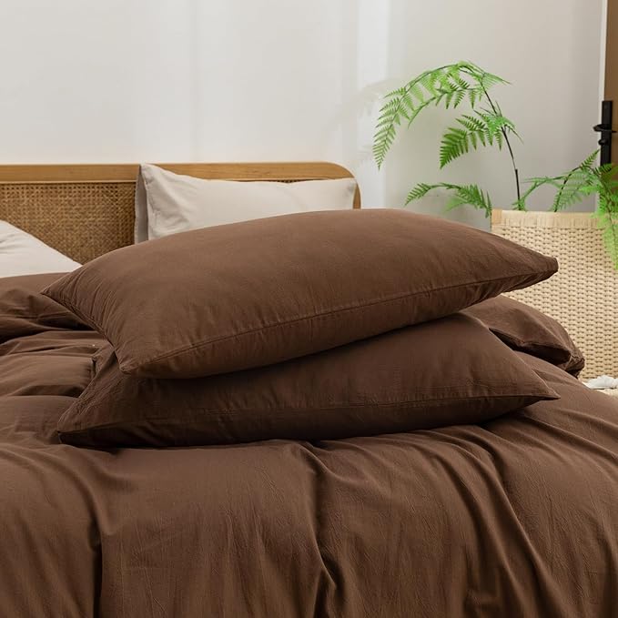 BESTOUCH Duvet Cover Set 100% Washed Cotton Linen Feel Super Soft Comfortable Chic Lightweight 3 PCs Home Bedding Set Solid Cocoa Brown Alaska King