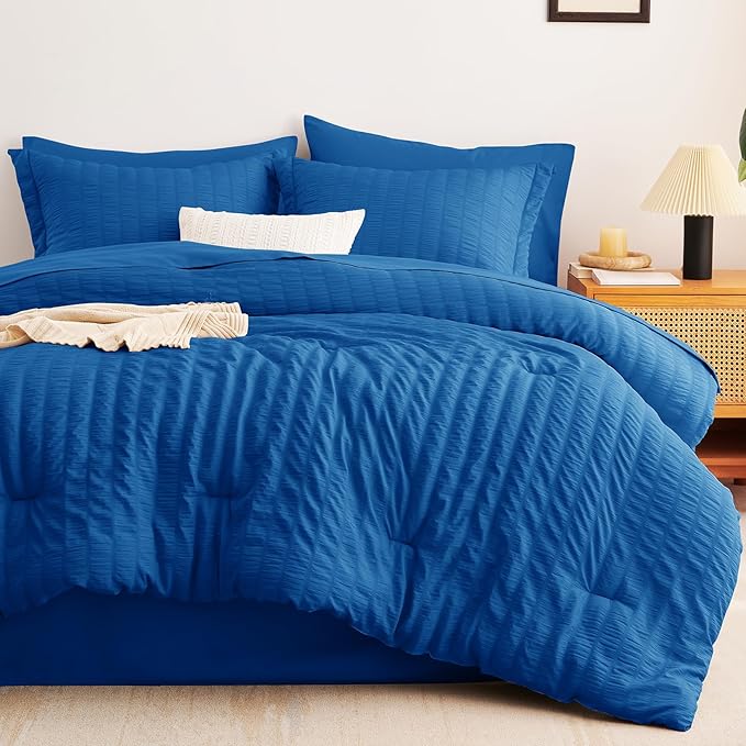 CozyLux Full Size Comforter Sets with Sheets 7 Pieces, Classic Blue Seersucker Bed in a Bag Textured Luxury Soft Bedding Set with Down Alternative Comforter, Sheets, Pillowcases & Shams for All Season