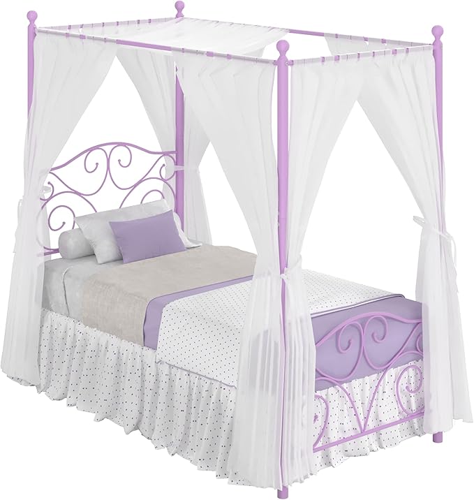 VECELO Metal Canopy Bed Frame Twin Size, 4 Posters Platform Mattress Foundation with Headboard, Heavy Duty Steel Slats Support, No Box Spring Needed, Purple