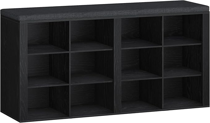 Hzuaneri Shoe Bench with Cushion, Entryway Storage Bench with 12 Cubbies, Cubby Shoe Rack with Adjustable Shelves, Shoe Organizer Cabinet for Living Room, Bedroom, Entryway, Black SB19004GY
