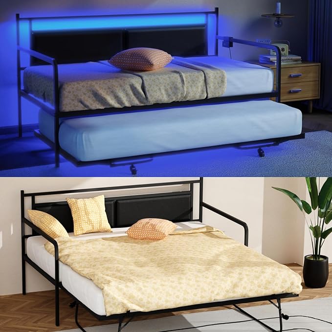 VINGLI Twin Daybed with Pop Up Trundle,Sofa Day Bed with LED Light & Charing Station,Pull Out Bed with Steel Slat Support & Upholstered Headboard, Platform Bed Frame, Black