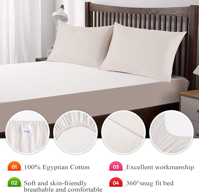 2-Pack Pure Cotton Fitted Sheet King Size, 600 Thread Count 16" Deep Pocket Egyptian Cotton Fitted Sheet (2pcs, King, Light Beige)