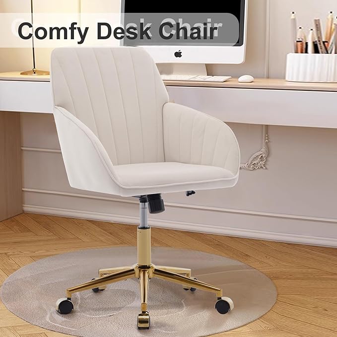 Velvet Vanity Chair with Wheels, Height Adjustable Swivel Makeup Chair, Armless Small Desk Chair for Bedroom/Office/Vanity Table, 250 lbs Capacity (Velvet, White-2)