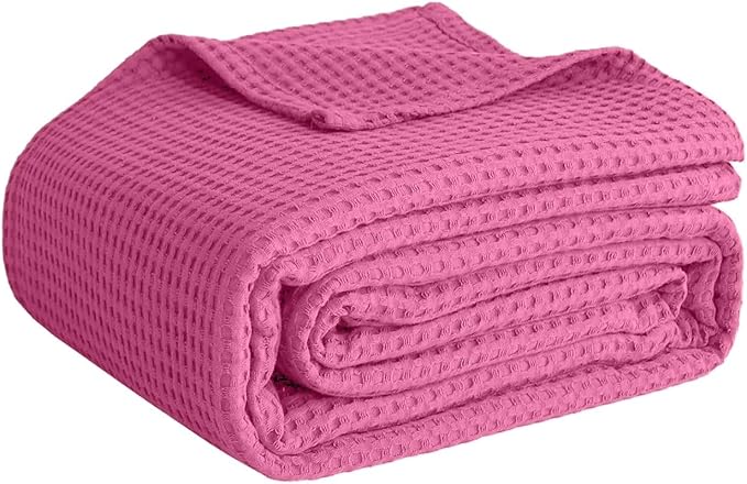 100% Cotton Blankets for Bed - Waffle Weave Blankets for Summer, Lightweight and Breathable Soft Woven Blanket for Spring (Pink, Throw (50" x 60"))