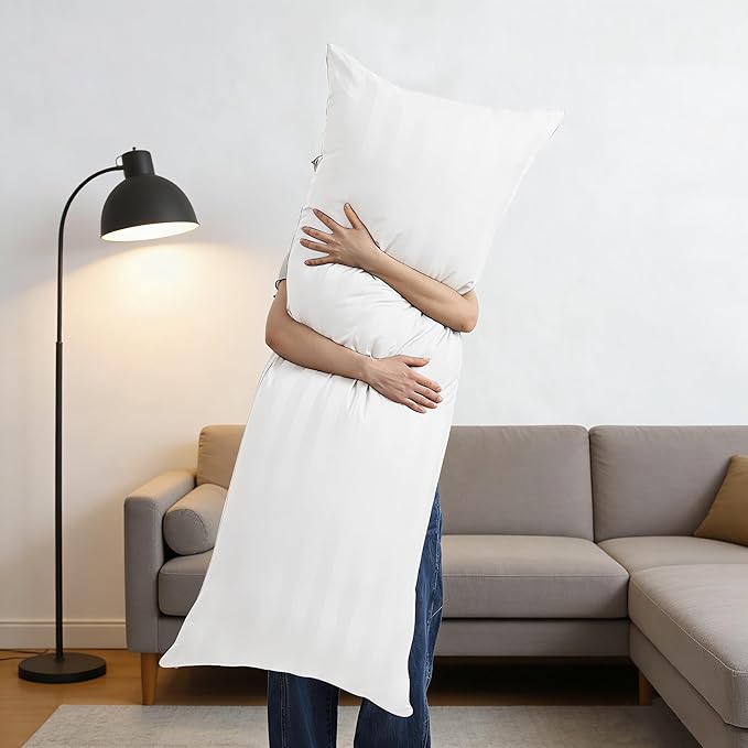 Body Pillow Cover Long Pillow Case,100% Egyptian Cotton Bed Pillow Protector with Zipper,400 Thread Count Cooling Full Body Pillowcase for Adults 20x54 Inches (1 Pack,Stripe White)