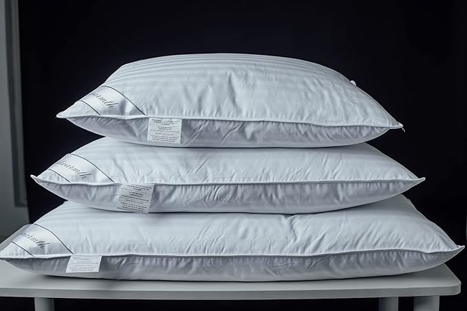 Goose Feather Blend with Polyester Bed Pillows 100% Cotton, Medium Firm Soft Support Standard Pack of 2 Stripe White