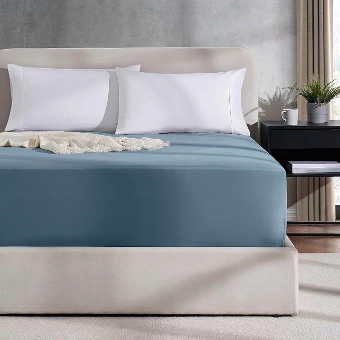 Nestl 4 Pack Stone Blue Fitted Sheet Extra Deep Pocket, Hotel Luxury QueenFitted Sheet Only Easily Fits 18 to 24 Inch Mattress, Super Soft, Wrinkle-Free and Breathable with Corner Straps