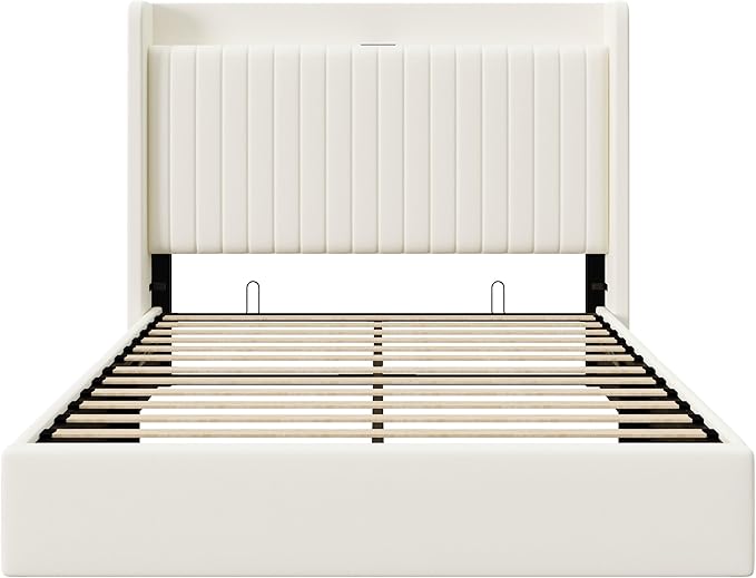 Allewie Full Size Lift Up Storage Bed Frame,Storage Shelf Headboard with Charging Station,Type-C and USB Ports,Hydraulic Support,Velvet Upholstered Bed Frame,No Box Spring Needed,Cream