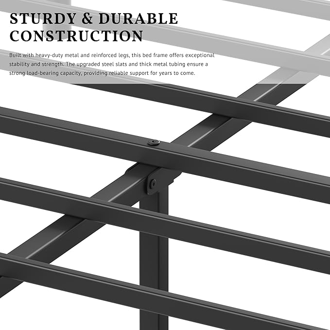 ZIYOO 14 inch Metal Queen Bed Frame with Vintage Style, Mattress Slide Stopper, 1500LBS Heavy Duty Steel Slats, No Box Spring Needed, Platform Noise-Free, Easy Assembly