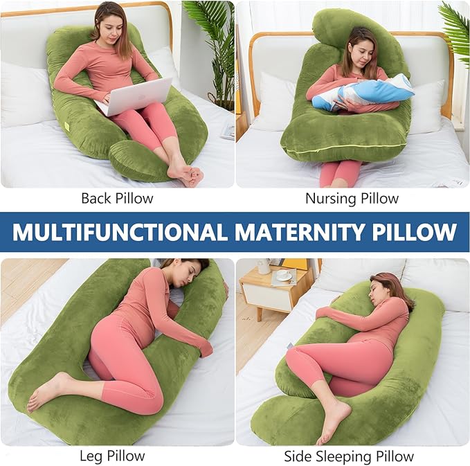 Shredded Memory Foam Body Pillow, Pregnancy Pillows for Sleeping, Maternity Pillow for Pregnant Women, Memory Foam Filling U Shaped Body Pillow with Velvet Cover (Green, 60 inch)