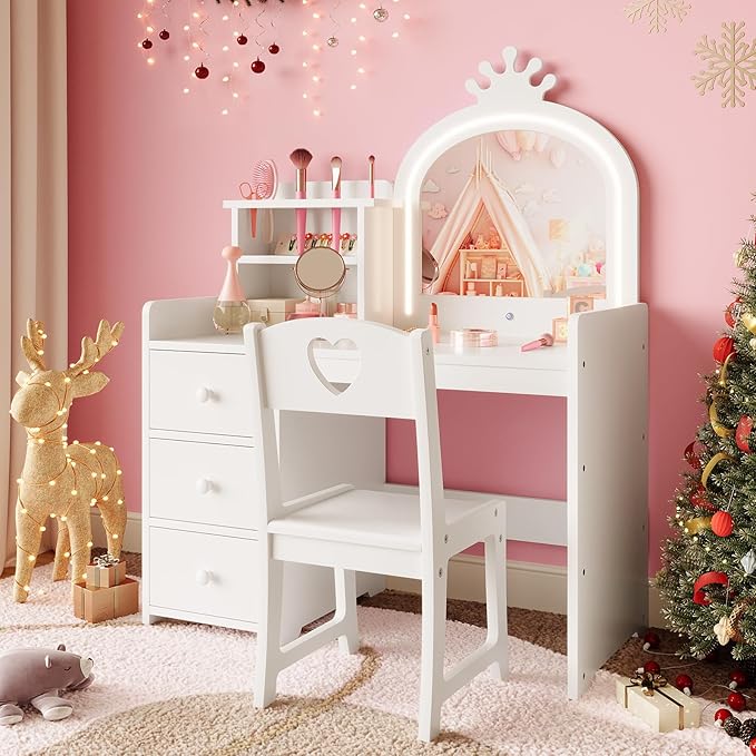 GarveeHome Kids Vanity Desk with Mirror and Lights, White Princess Wooden Makeup Vanity with Chair, Storage Shelves and Drawers, 2-in-1 Girls Dressing Table