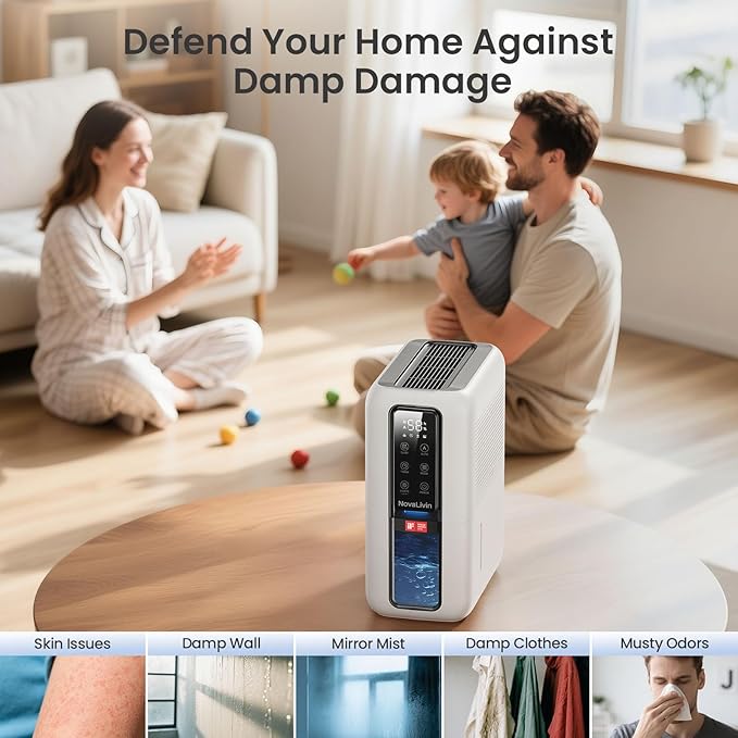 Dehumidifier for Home, Dehumidifiers for Bathroom, Bedroom, Living room, Closet with 68 OZ Water Tank, Moisture Absorbers, Auto Shut Off, Auto Humidity Control, 7 Colors LED Light, Black and White