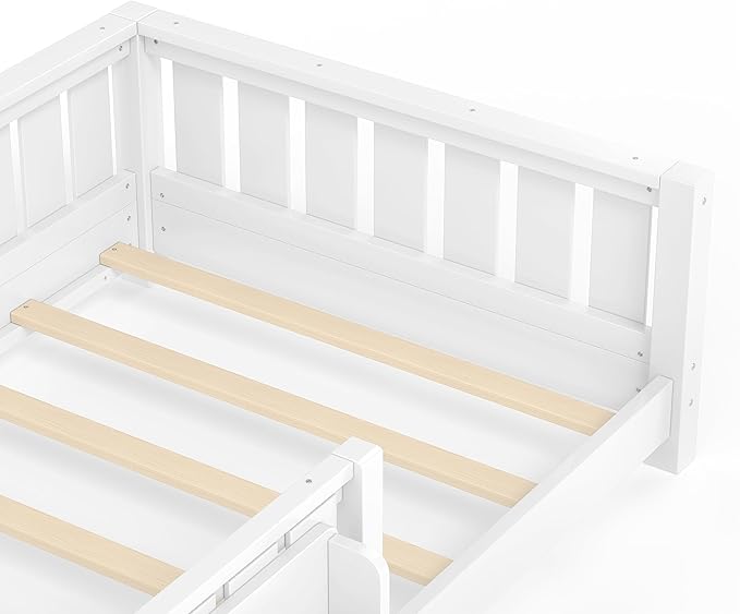 Bellemave Twin Size Kids Montessori Bed with Bookshelf,Solid Wood Twin Floor Bed Frame with Fence and Slats for Girls Boys,Low-Profile,White