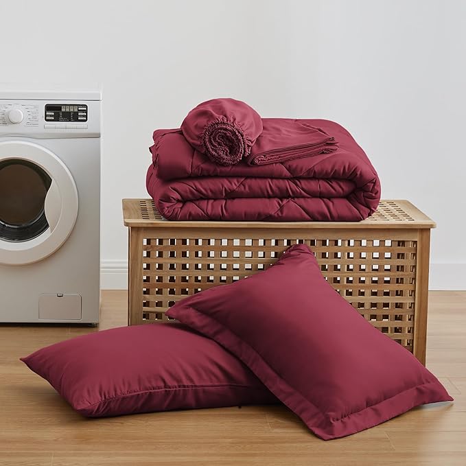 Love's cabin Twin Comforter Set Burgundy, 5 Pieces Twin Bed in a Bag, All Season Bedding Sets with 1 Comforter, 1 Flat Sheet, 1 Fitted Sheet, 1 Pillowcase and 1 Pillow Sham | Soft, Breathable, Lightweight, Comfortable