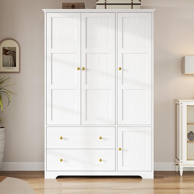 ONBRILL 3 Doors Wooden Wardrobe Closet Armoire with Pull Out Pants Rack, Bedroom Large Capacity Armoire with Drawers and Shelves, Storage Cabinet for Hanging Clothes, White