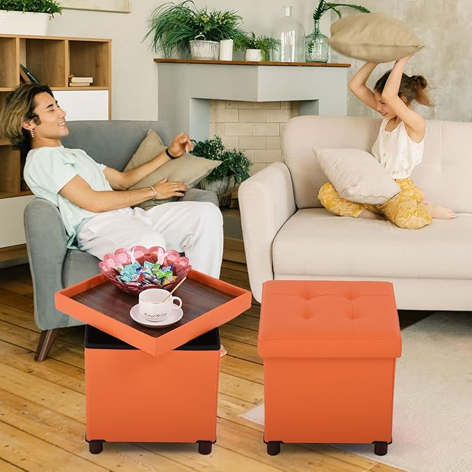 Dorriss Storage Ottoman for Living Room Ottoman Square with Tray Bedroom Cube Foot Rest Stool with Legs Small Ottomans Coffee Table Lid Foldable Footstool Faxu Leather 15" in (Orange)