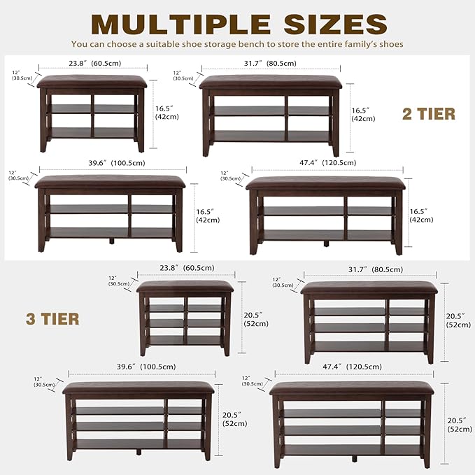 PY HOME & SPORTS Shoe Rack for Entryway 47": 2-Tier Shoe Storage Bench, Adjustable/Removable Shelves, Rubberwood Shoe Benches for Hallway, Porch, Bathroom, Brown