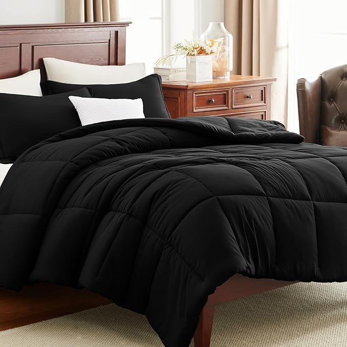 CozyLux Queen Comforter Set Black - 270GSM 3 Pieces Box Stitched Comforters Queen Size, Soft Bed Set for All Seasons, Lightweight Bedding Sets with 1 Down Alternative Comforter and 2 Pillow Shams