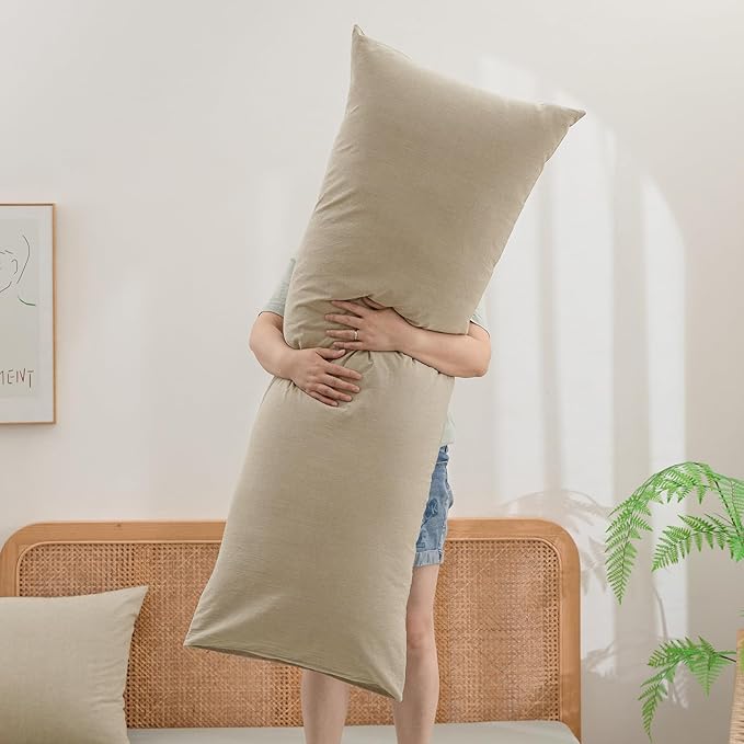 BESTOUCH 100% Washed Cotton Pillowcase for Hair and Skin Linen Feel Soft Comfortable Breathable 1 Pcs Pillow Case with Envelope Closure Solid Almond Milk Grey Body 20x54 Inches