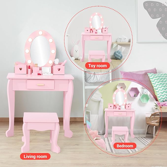 GarveeHome Kids Vanity with Lighted Mirror, Toddler Vanity Table and Chair Set, Girls Makeup Playset, Pink