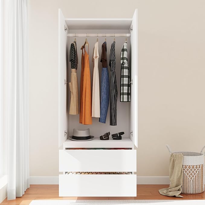 Wooden Armoire Wardrobe Closet with 2 Doors, 79" Bedroom Wardrobe with 2 Drawers, Cabinet for Clothes with Hanging Rod & Shelves, Freestanding Closets for Bedroom (White, 1)